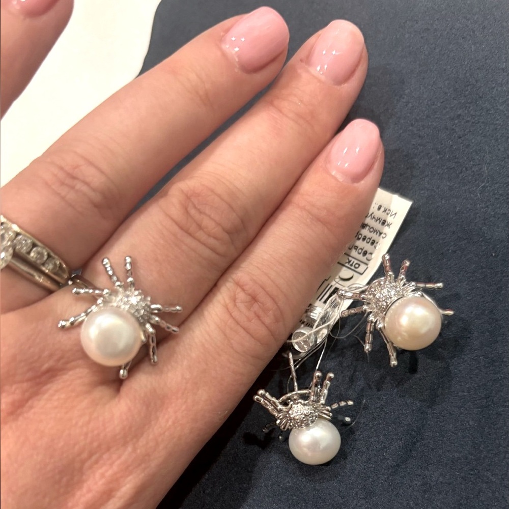 NWT 925 Silver Pearls and Cubic Zirconia Spider Shape Earrings and Ring size 7